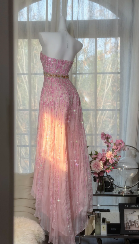 Dreamy Pink Strapless Sequin Beaded Chiffon Long Prom Dress Evening Dress P4816