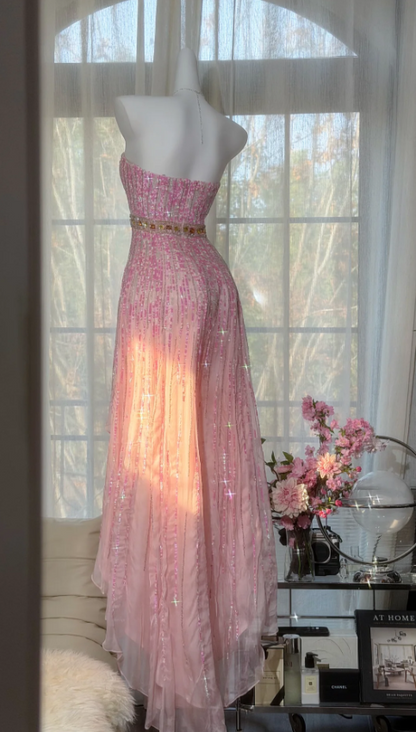 Dreamy Pink Strapless Sequin Beaded Chiffon Long Prom Dress Evening Dress P4816