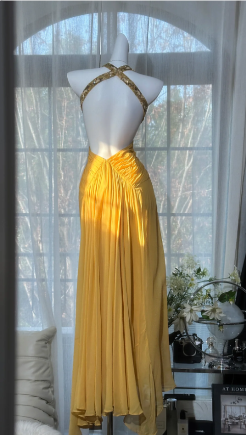 Elegant Yellow Halter Neck Beaded Backless Chiffon Long Prom Dress Evening Dress P4817