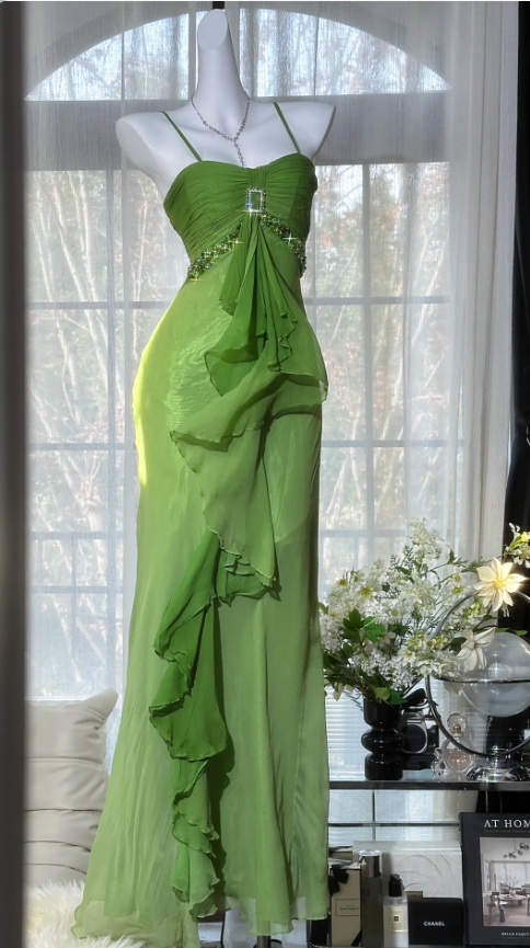 Fresh Green Spaghetti Strap Layered Ruffle Chiffon Long Prom Dress Evening Dress P4818
