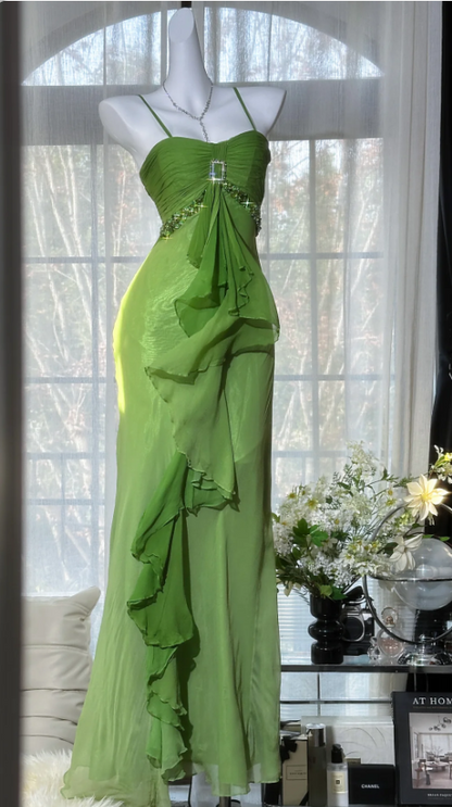 Fresh Green Spaghetti Strap Layered Ruffle Chiffon Long Prom Dress Evening Dress P4818