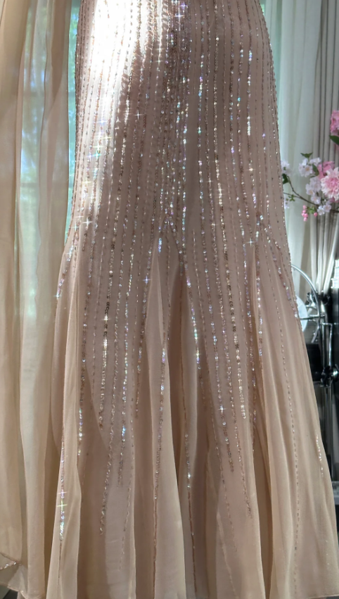 Vintage Cross Back Beaded Sequin Chiffon Long Prom Dress Evening Dress P4819