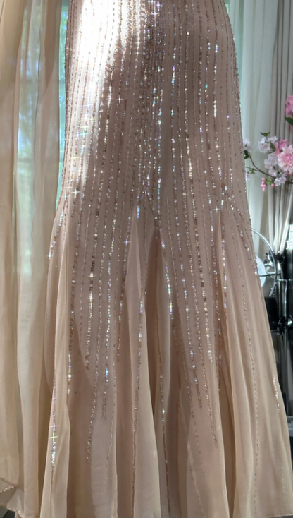 Vintage Cross Back Beaded Sequin Chiffon Long Prom Dress Evening Dress P4819