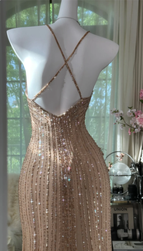 Vintage Cross Back Beaded Sequin Chiffon Long Prom Dress Evening Dress P4819