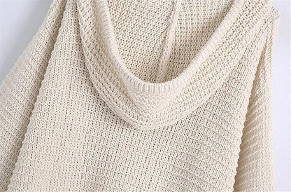 New white V-neck retro fashion long-sleeved hooded loose drawstring knitted hoodie pullover female casual sweater top 7281