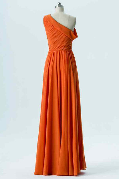 Orange A-line Asymmetrical Pleated Chiffon Long Bridesmaid Dress