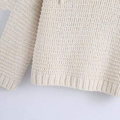 New white V-neck retro fashion long-sleeved hooded loose drawstring knitted hoodie pullover female casual sweater top 7281