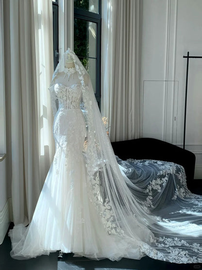 Retro White Mermaid Off-the-Shoulder Herringbone Lace Tulle Wedding Dress with Train P4082