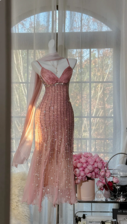 Vintage Pink Spaghetti Strap Full Grid Beaded Chiffon Long Prom Dress Evening Dress P4820