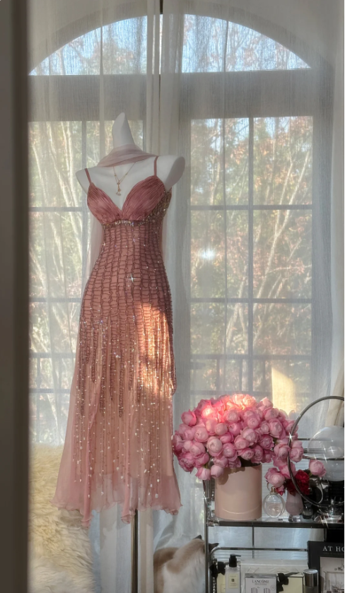 Vintage Pink Spaghetti Strap Full Grid Beaded Chiffon Long Prom Dress Evening Dress P4820