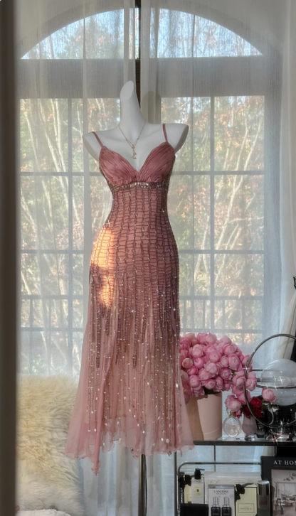 Vintage Pink Spaghetti Strap Full Grid Beaded Chiffon Long Prom Dress Evening Dress P4820