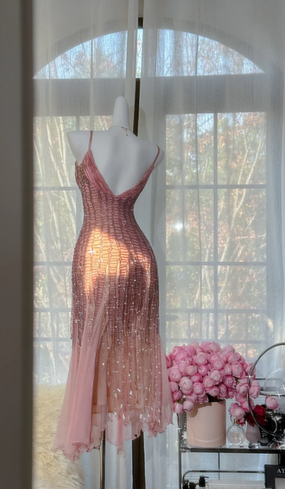 Vintage Pink Spaghetti Strap Full Grid Beaded Chiffon Long Prom Dress Evening Dress P4820