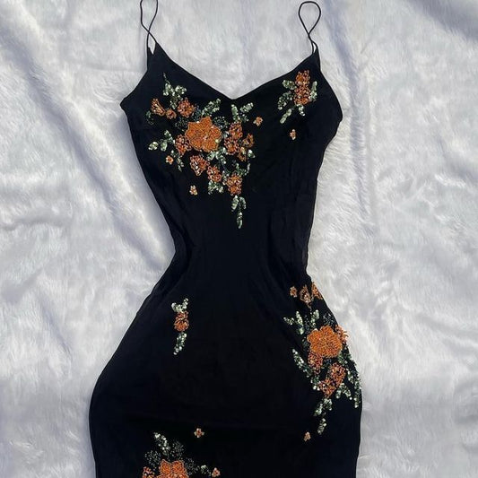 Black shiny elegant spaghetti straps orange floral beading slim fit long mermaid chiffon ball gown evening dress gh3361