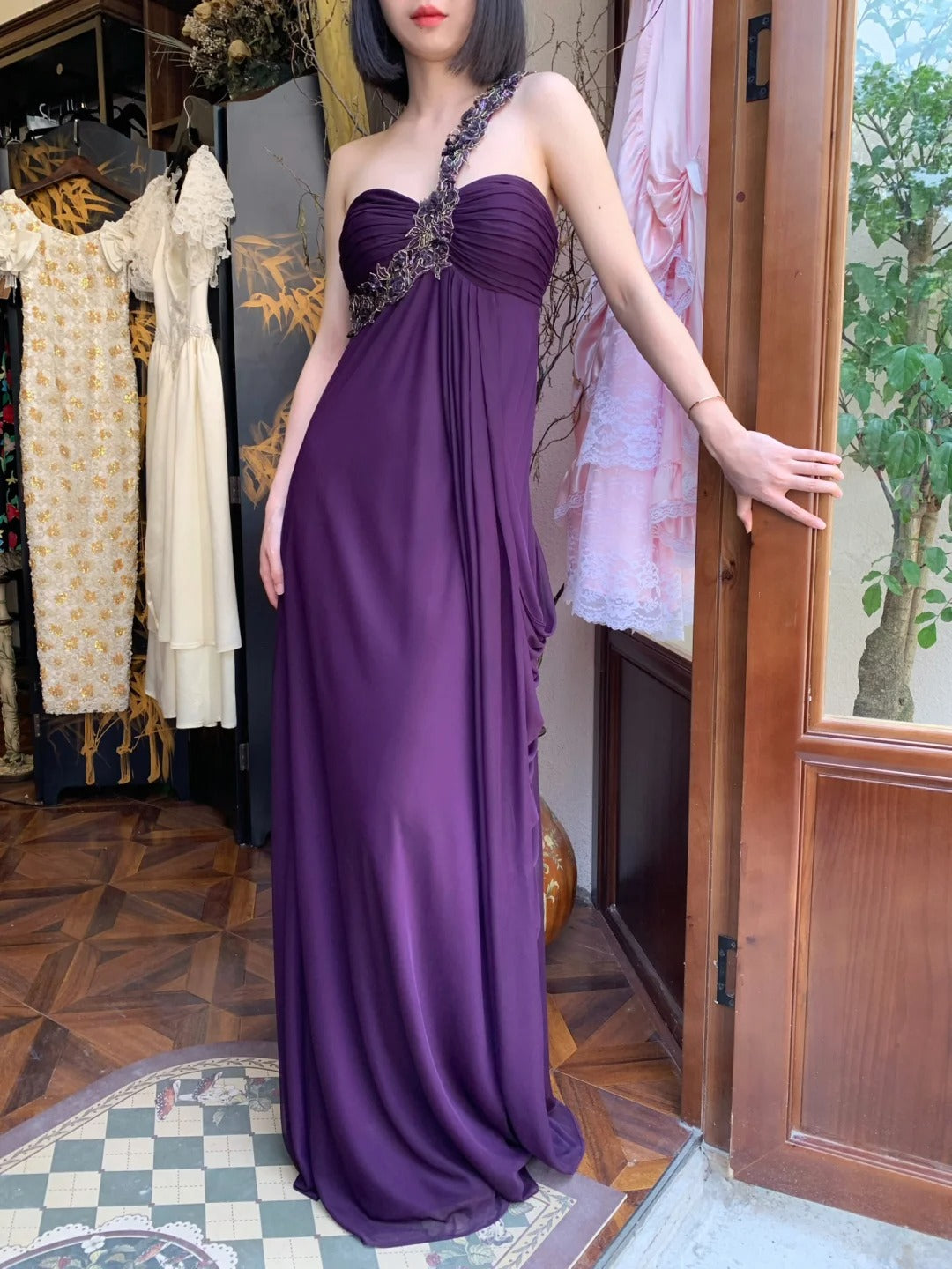 Vintage Dark Purple One-Shoulder Ruched Chiffon Long Prom Dress Evening Dress P4822