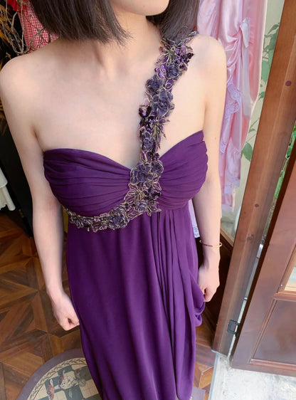 Vintage Dark Purple One-Shoulder Ruched Chiffon Long Prom Dress Evening Dress P4822