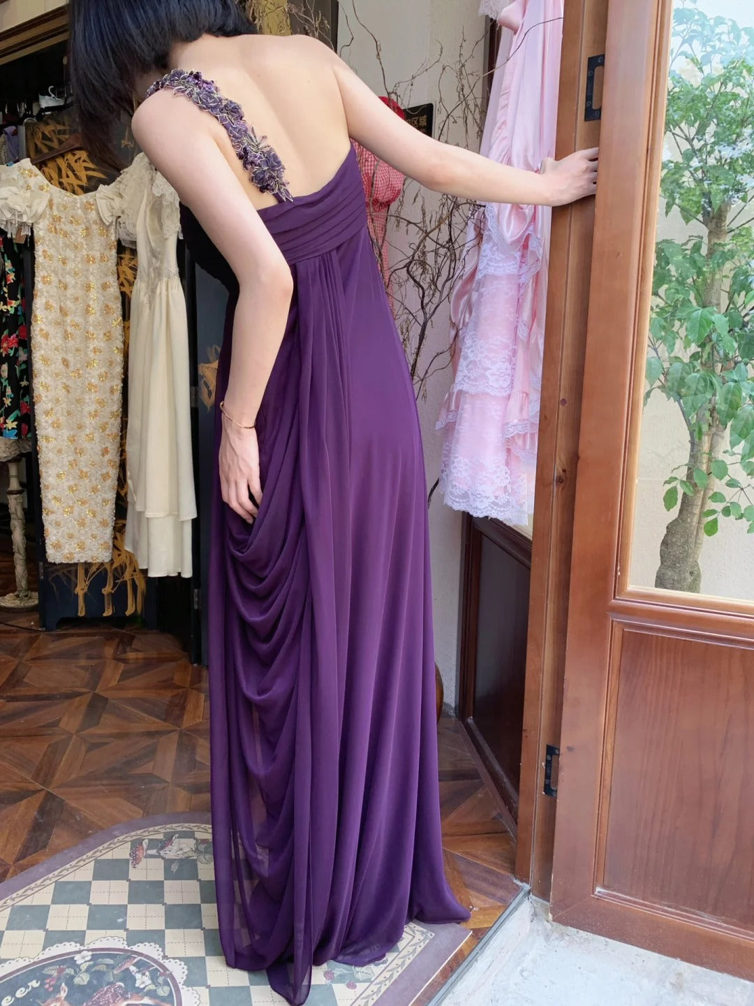 Vintage Dark Purple One-Shoulder Ruched Chiffon Long Prom Dress Evening Dress P4822