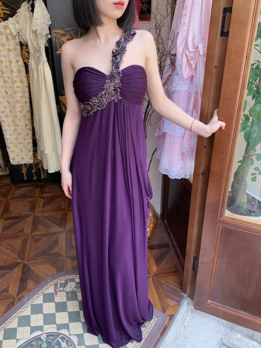 Vintage Dark Purple One-Shoulder Ruched Chiffon Long Prom Dress Evening Dress P4822
