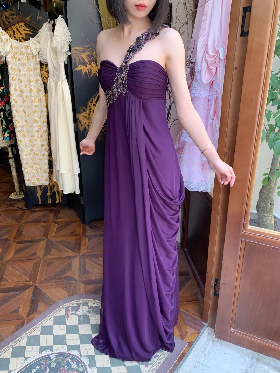 Vintage Dark Purple One-Shoulder Ruched Chiffon Long Prom Dress Evening Dress P4822