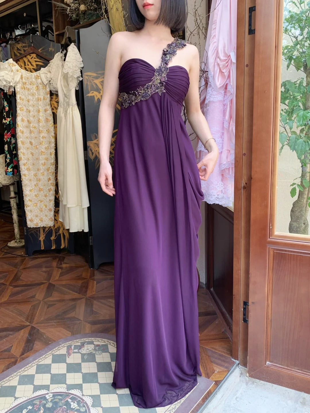 Vintage Dark Purple One-Shoulder Ruched Chiffon Long Prom Dress Evening Dress P4822