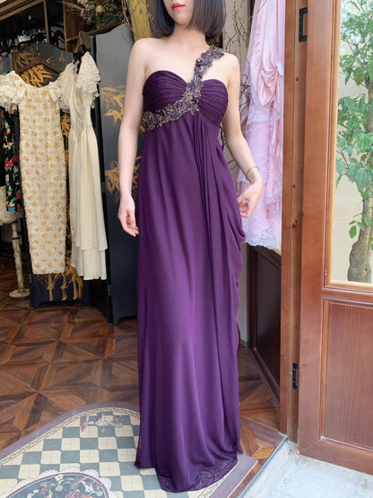 Vintage Dark Purple One-Shoulder Ruched Chiffon Long Prom Dress Evening Dress P4822