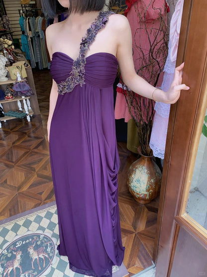 Vintage Dark Purple One-Shoulder Ruched Chiffon Long Prom Dress Evening Dress P4822