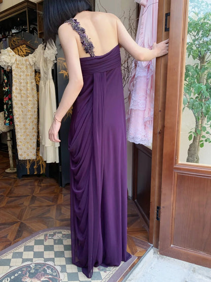 Vintage Dark Purple One-Shoulder Ruched Chiffon Long Prom Dress Evening Dress P4822