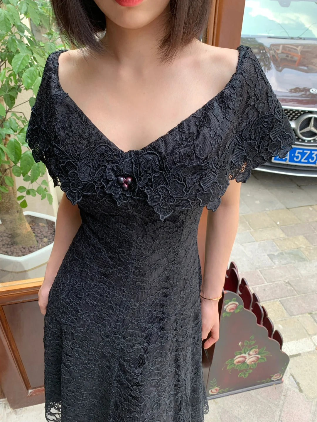 Vintage Black V-Neck A-Line Lace Prom Dress Evening Dress P4823