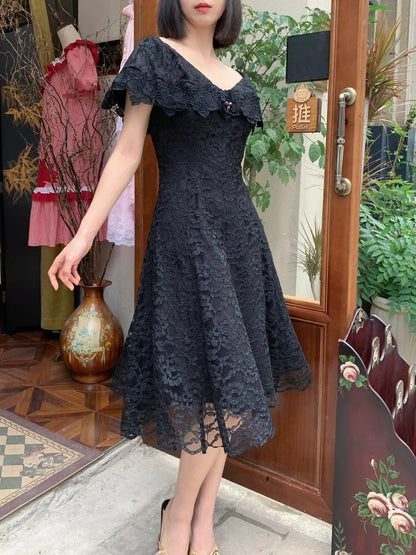 Vintage Black V-Neck A-Line Lace Prom Dress Evening Dress P4823