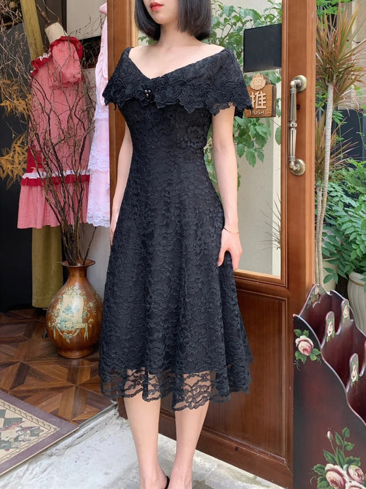 Vintage Black V-Neck A-Line Lace Prom Dress Evening Dress P4823