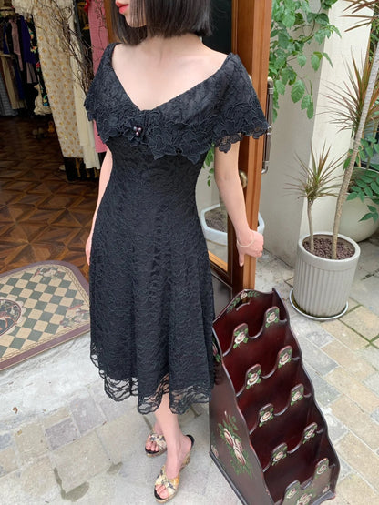 Vintage Black V-Neck A-Line Lace Prom Dress Evening Dress P4823