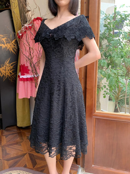 Vintage Black V-Neck A-Line Lace Prom Dress Evening Dress P4823
