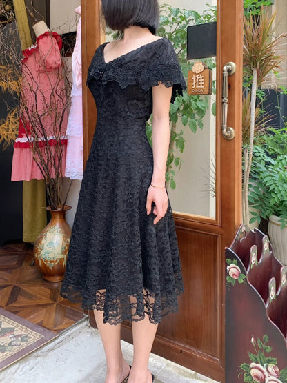 Vintage Black V-Neck A-Line Lace Prom Dress Evening Dress P4823
