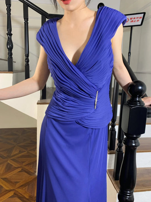 Elegant Royal Blue V-Neck Ruched Slim Chiffon Long Prom Dress Evening Dress P4824