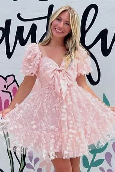Short Puff Sleeves Pink A-line Babydoll Homecoming Dress