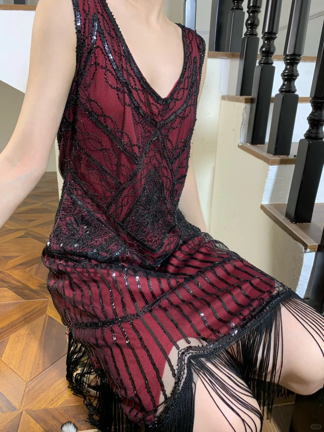 Vintage Burgundy V-Neck Sleeveless Beaded Sequin Tassel Tulle Prom Dress Evening Dress P4825
