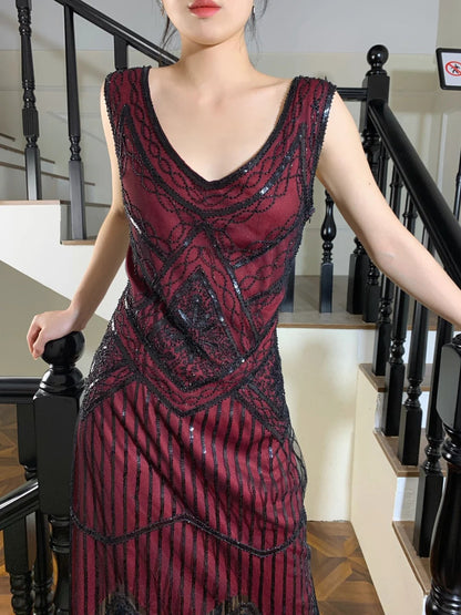 Vintage Burgundy V-Neck Sleeveless Beaded Sequin Tassel Tulle Prom Dress Evening Dress P4825