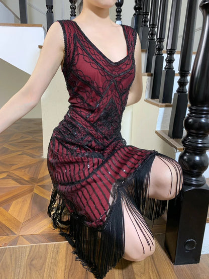 Vintage Burgundy V-Neck Sleeveless Beaded Sequin Tassel Tulle Prom Dress Evening Dress P4825