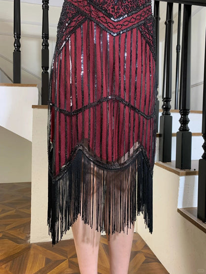 Vintage Burgundy V-Neck Sleeveless Beaded Sequin Tassel Tulle Prom Dress Evening Dress P4825