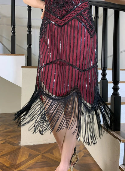 Vintage Burgundy V-Neck Sleeveless Beaded Sequin Tassel Tulle Prom Dress Evening Dress P4825