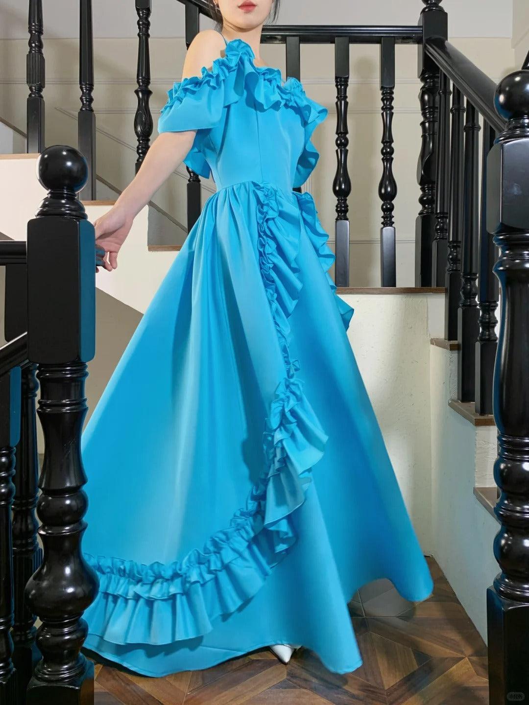 Sweet Lake Blue Ruffle A-Line Satin Long Prom Dress Evening Dress P4826