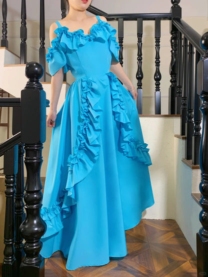 Sweet Lake Blue Ruffle A-Line Satin Long Prom Dress Evening Dress P4826
