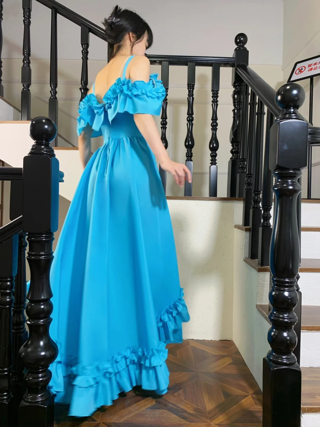 Sweet Lake Blue Ruffle A-Line Satin Long Prom Dress Evening Dress P4826