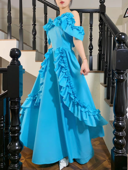 Sweet Lake Blue Ruffle A-Line Satin Long Prom Dress Evening Dress P4826