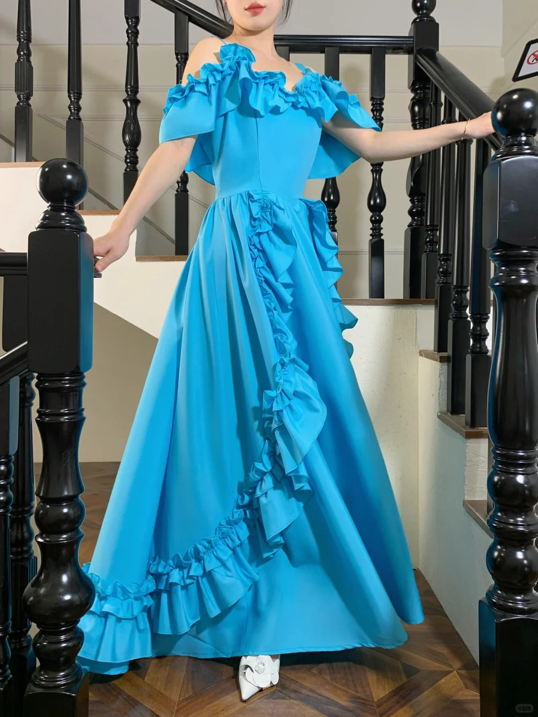 Sweet Lake Blue Ruffle A-Line Satin Long Prom Dress Evening Dress P4826