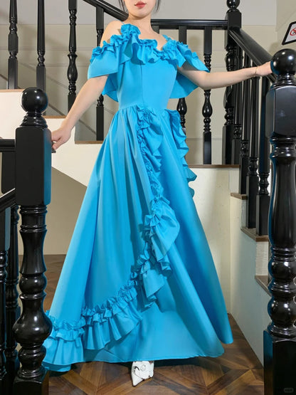 Sweet Lake Blue Ruffle A-Line Satin Long Prom Dress Evening Dress P4826