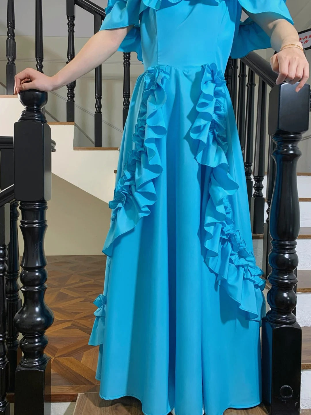 Sweet Lake Blue Ruffle A-Line Satin Long Prom Dress Evening Dress P4826