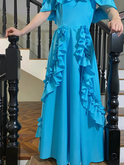 Sweet Lake Blue Ruffle A-Line Satin Long Prom Dress Evening Dress P4826