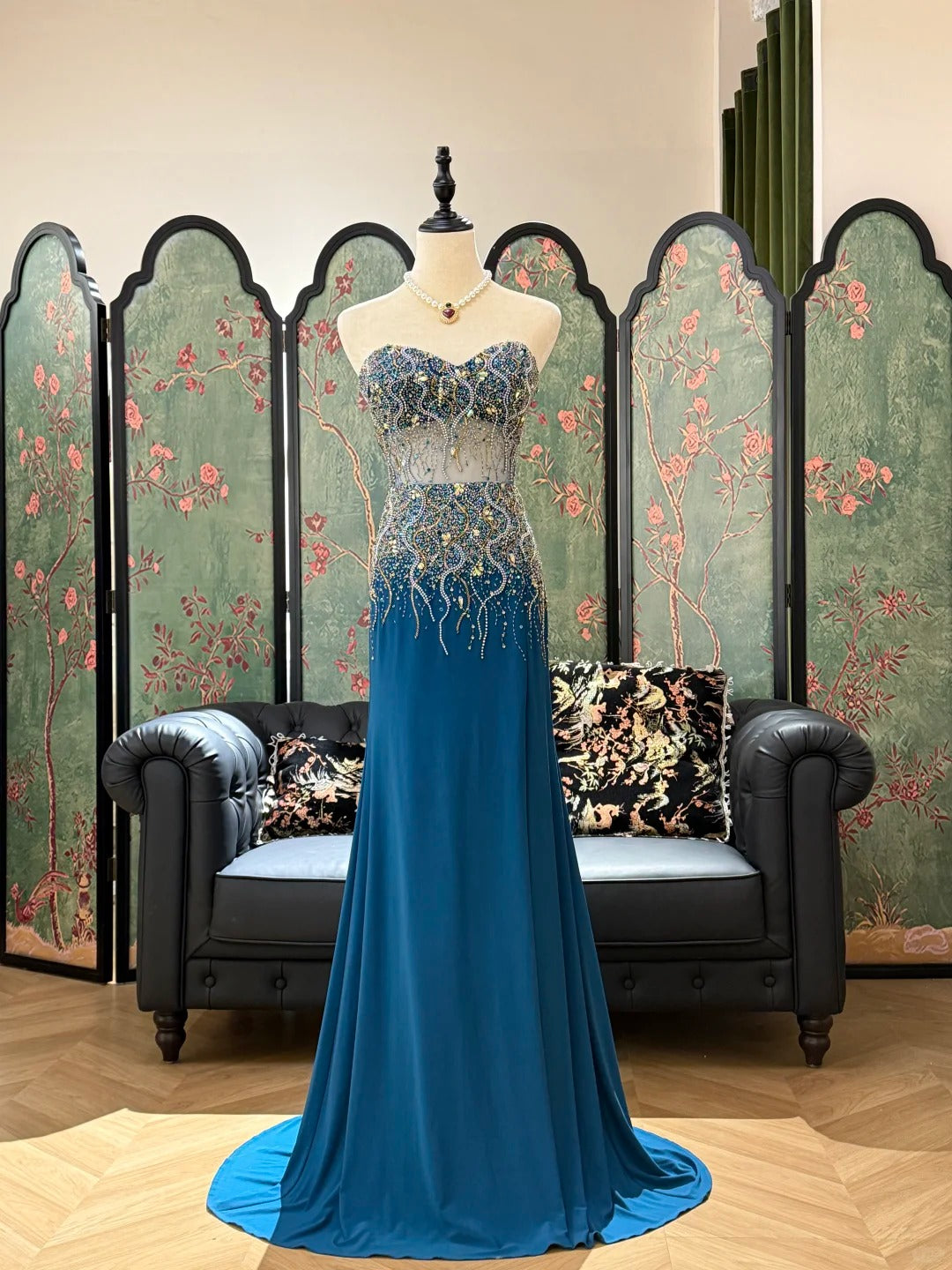 Luxurious Sparkling Blue Sweetheart Beaded Satin Long Prom Dress Evening Dress P4827