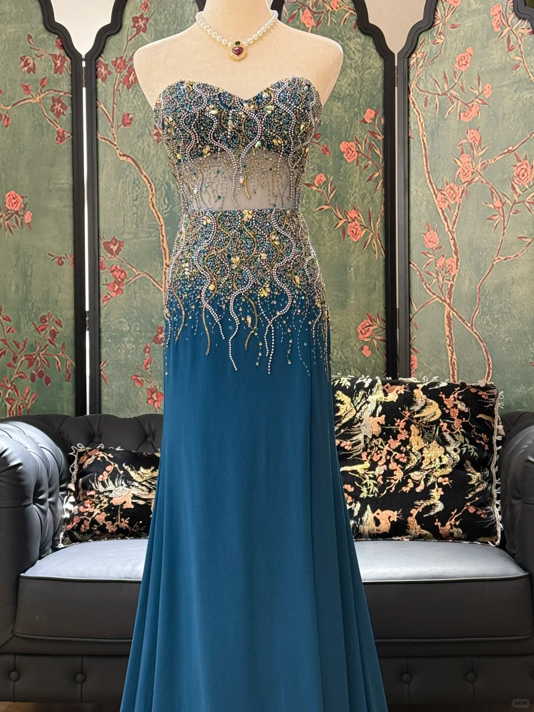 Luxurious Sparkling Blue Sweetheart Beaded Satin Long Prom Dress Evening Dress P4827