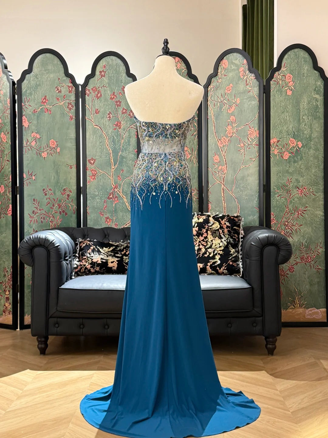Luxurious Sparkling Blue Sweetheart Beaded Satin Long Prom Dress Evening Dress P4827